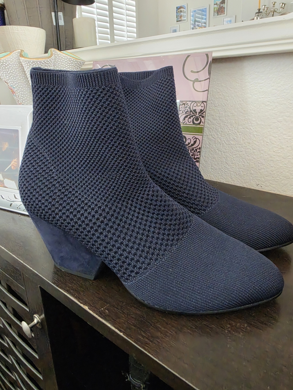 Eileen Fisher Navy Knit Pointed Toe Ankle Booties